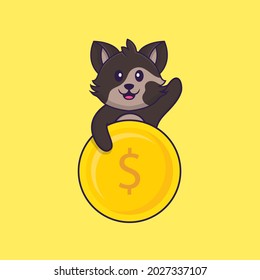 Cute cat holding coin. Animal cartoon concept isolated. Can used for t-shirt, greeting card, invitation card or mascot.