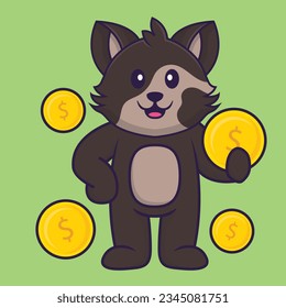 Cute cat holding coin. Animal cartoon concept isolated. Can used for t-shirt, greeting card, invitation card or mascot