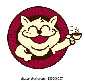 Cute cat holding a cup of coffee for pet cafe logo - vector mascot 