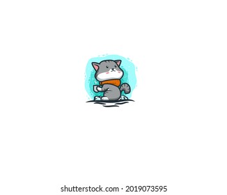 Un gato lindo sujetando una taza de café y usando una bufanda