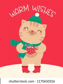 Cute cat holding a cup of hot chocolate with marshmallows with text “warm wishes” for christmas and new year card design.
