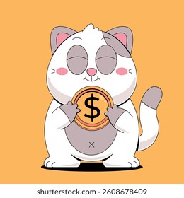 Cute cat holding dollar coin cartoon