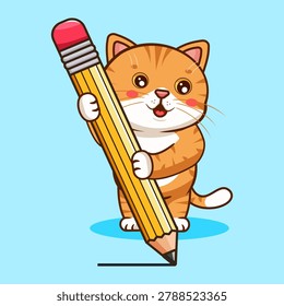 Cute Cat Holding and Drawing with a Big Pencil Vector Illustration Kawaii Animal