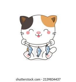Cute cat holding fish. Animal cartoon character