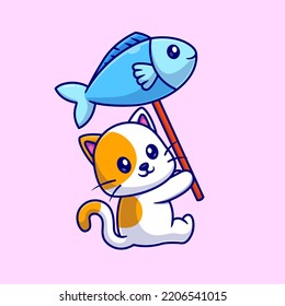 Ilustración del icono del vector de dibujos animados con globo de peces de gato. Concepto de icono de la naturaleza animal Vector Premium aislado. Estilo de dibujo plano