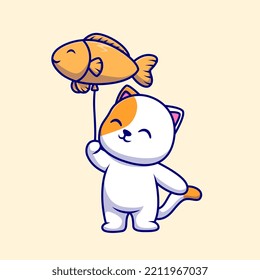 Cute Cat Holding Fish Balloon Cartoon Vector Icon Illustration. Animal Holiday Icon Concept Isolated Premium Vector. Flat Cartoon Style