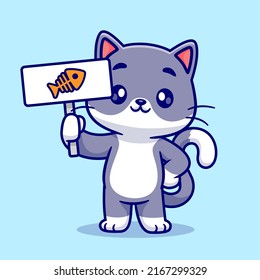 Cute Cat Holding Fish Board Cartoon Vector Icon Illustration. Animal Nature Icon Concept Isolated Premium Vector. Flat Cartoon Style