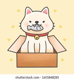 Cute cat holding fish in a box hand drawn cartoon animal character. Hand drawing vector. Cartoon character design.