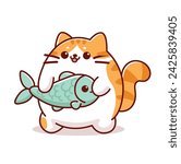Cute cat holding fish cartoon icon illustration. Pet food mascot logo