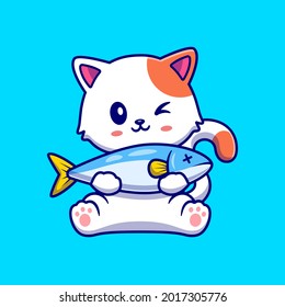 Cute Cat Holding Fish Cartoon Vector Icon Illustration. Animal Food Icon Concept Isolated Premium Vector. Flat Cartoon Style