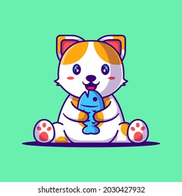 Cute Cat holding Fish Cartoon Illustration. Animal Flat cartoon Style Concept