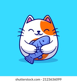 Cute Cat Holding Fish Cartoon Vector Icon Illustration. Animal Nature Icon Concept Isolated Premium Vector. Flat Cartoon Style