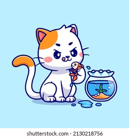 Cute Cat Holding Fish Cartoon Vector Icon Illustration. Animal Nature Icon Concept Isolated Premium Vector. Flat Cartoon Style
