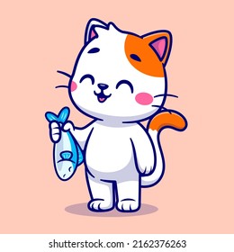 Cute Cat Holding Fish Cartoon Vector Icon Illustration. Animal Nature Icon Concept Isolated Premium Vector. Flat Cartoon Style