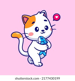 Cute Cat Holding Fish Cartoon Vector Icon Illustration. Animal Nature Icon Concept Isolated Premium Vector. Flat Cartoon Style