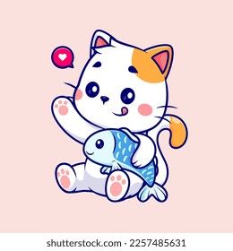 Cute Cat Holding Fish Cartoon Vector Icon Illustration. Animal Food Icon Concept Isolated Premium Vector. Flat Cartoon Style