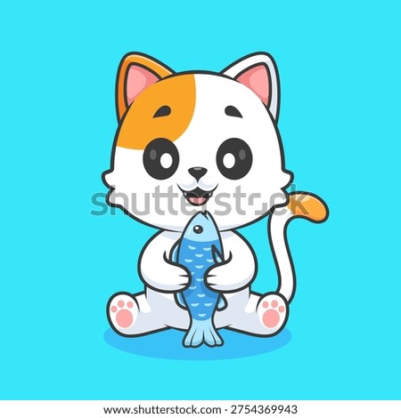 Cute Cat Holding Fish Cartoon Vector Icon Illustration. Animal Food Icon Concept Isolated Premium Vector. Flat Cartoon Style
