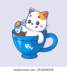 Cute Cat Holding Fish In Coffee Cartoon Vector Icon Illustration. Animal Drink Icon Concept Isolated Premium Vector. Flat Cartoon Style