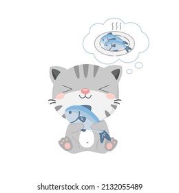 Gato lindo sosteniendo pescado en el plato. Caricatura animal