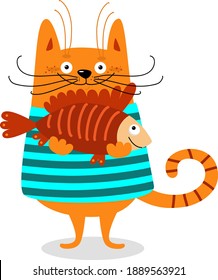 Cute cat holding fish. Funny kitten in striped t-shirt, cartoon fat pet, vector illustration isolated on white background.