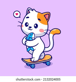 Cute Cat Holding Fish On Skateboard Cartoon Vector Icon Illustration. Animal Sport Icon Concept Isolated Premium Vector. Flat Cartoon Style