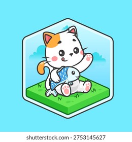 Cute Cat Holding Fish On Grass Logo Cartoon Vector Icon Illustration. Animal Food Icon Concept Isolated Premium Vector. Flat Cartoon Style