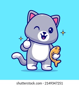 Un Gato Con Pescado Con El Pulgar Hacia Arriba Ilustración Del Icono Del Vector De Dibujo. Concepto de icono de la naturaleza animal Vector Premium aislado. Estilo de dibujo plano