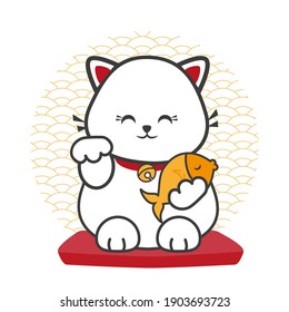 Cute cat holding fish vector. Traditional Japanese cat symbol of good luck.