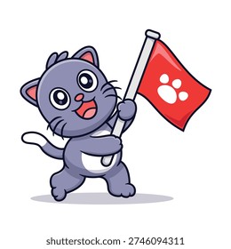 Cute Cat Holding Flag Cartoon Vector Icon Illustration. Animal Objects Icon Concept Isolated Premium Vector. Flat Cartoon Style