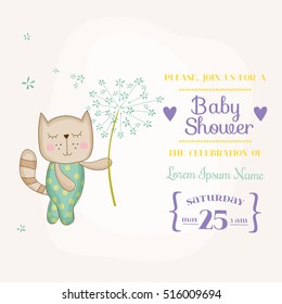 Cute Cat Holding Flower. Baby Shower or Arrival Card, in vector