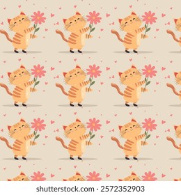 Cute cat holding a flower with hearts seamless pattern,pattern with cats and hearts on beige background,Valentine's Day concept