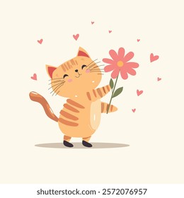 Cute cat holding a flower surrounded by hearts vector illustration,cartoon kitten in flat style, for children invitation,card,Valentine's Day concept