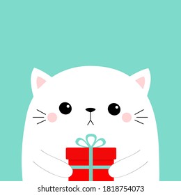 Cute cat holding gift box. Cute cartoon kitten character. Kawaii animal. White silhouette. Scandinavian style. Funny baby sad kitty. Happy Valentines Day. Love card. Flat design Blue background Vector