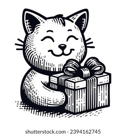 cute cat holding a gift box Christmas sketch