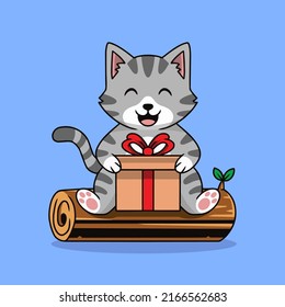 Cute gato sosteniendo el vector premium de dibujos animados de regalo El concepto de tecnología aislada. Estilo de caricatura plana adecuado para llevar páginas web, carteles, volantes, pegatinas, tarjetas