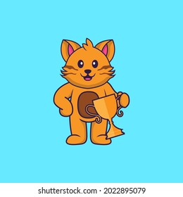 Un gato lindo con el trofeo de oro. El concepto de caricatura animal aislado. Puede usarse para camisetas, tarjetas de felicitación, tarjetas de invitación o mascota.