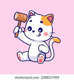 Cute Cat Holding Hammer Cartoon Vector Icon Illustration. Animal Nature Icon Concept Isolated Premium Vector. Flat Cartoon Style