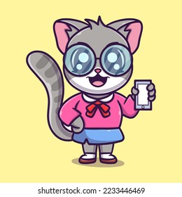 Cute cat holding handphone cartoon icon vector illustration
