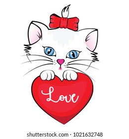 Cute Cat holding heart. Greeting card with kitten. Vector illustration. Valentine' s day figure. Vector artwork for children wear in custom colors. T-shirt print. Kid graphic. Hand draw animal. Love