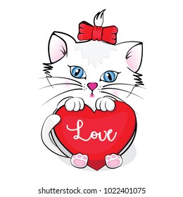 Cute Cat holding heart. Greeting card with kitten. Vector illustration. Vector artwork for children wear in custom colors. Valentine's day greeting card.