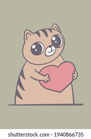 Cute cat holding a heart. Greeting card template. Happy Valentine's Day postcard design. Suitable for t-shirt prints, cards or posters. Vector illustration EPS10