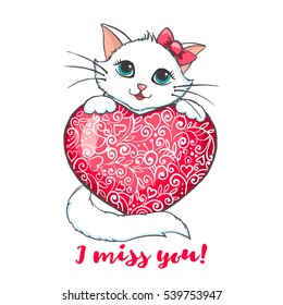 Cute Cat holding heart. Greeting card with kitten. Miss you inscription. Vector illustration