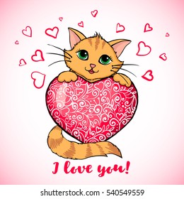 Cute Cat holding heart. Love concept. Greeting card with kitten. Design element for Wedding, Birthday or Valentines Day. Vector illustration