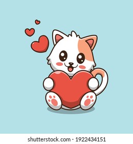 Cute cat holding a heart red shape