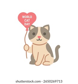 A cute cat holding a heart shaped World Cat Day balloon