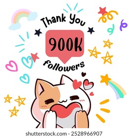 Un lindo gato sosteniendo un corazón, rodeado de coloridas estrellas, corazones y arco iris. El texto "Gracias 900K seguidores" celebra un hito con garabatos vibrantes y juguetones y colores pastel suaves.