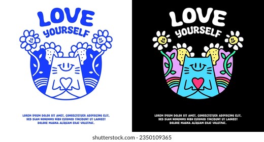 Cute cat holding heart symbol with love yourself typography, illustration for logo, t-shirt, sticker, or apparel merchandise. With doodle, retro, groovy, and cartoon style.