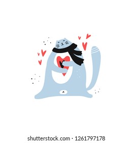 Cute cat holding heart vector color flat character. Valentines Day hand drawn clipart. Sketch kitten in love. Scandinavian illustration. Romance and dating holiday greeting card, poster design element