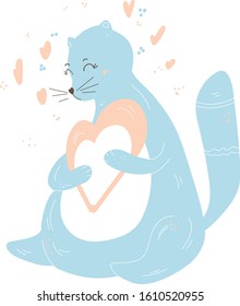 Cute cat holding heart vector color character. Valentine's Day hand drawn. Scandinavian illustration. Romance and dating holiday greeting card, poster design