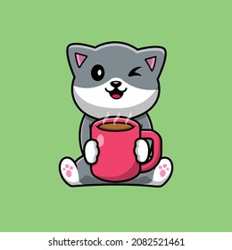 Cute Cat Holding Hot Coffee Cup Cartoon Vector Icon Illustration. Animal Food Icon Concept Isolated Premium Vector. Flat Cartoon Style